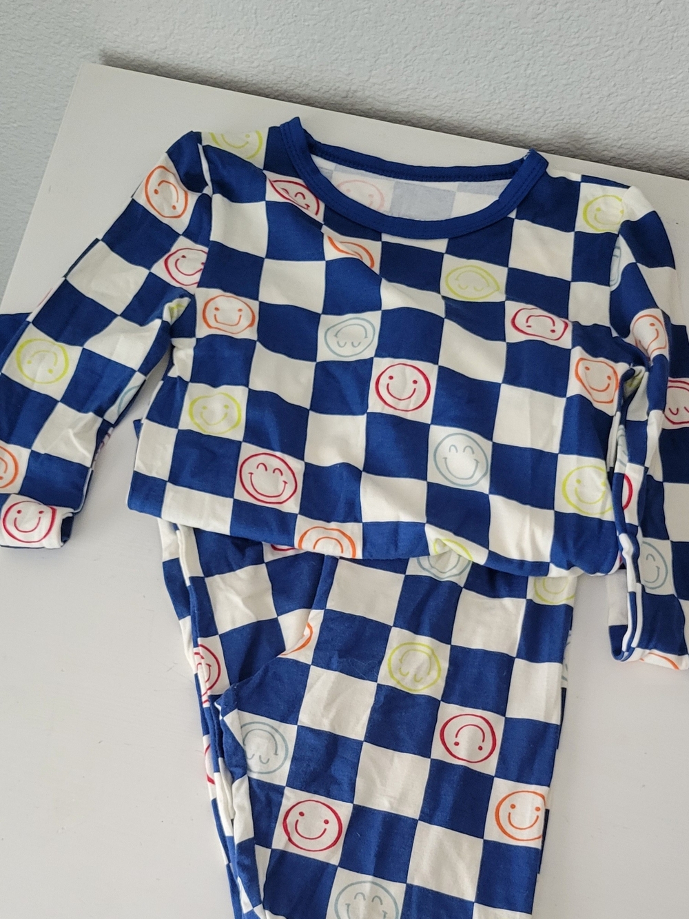 Sleep On It Blue & White Check Smile Face Pajama Set
